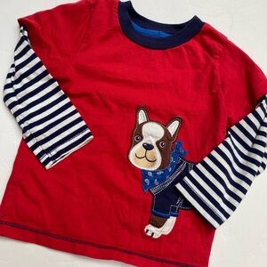 Little Me Red Long-Sleeve Tee with Navy Striped Sleeves & Dog Appliqué